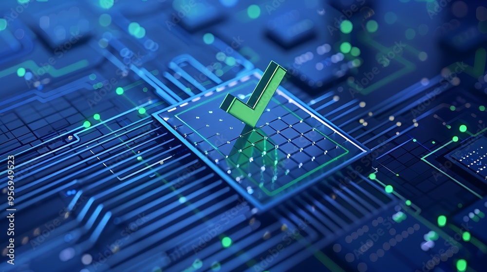 Digital checkmark on a blue circuit board, representing cybersecurity validation or technology approval in a futuristic setting. Digital checkmark on a blue circuit board, representing cybersecurity validation or technology approval in a futuristic setting.