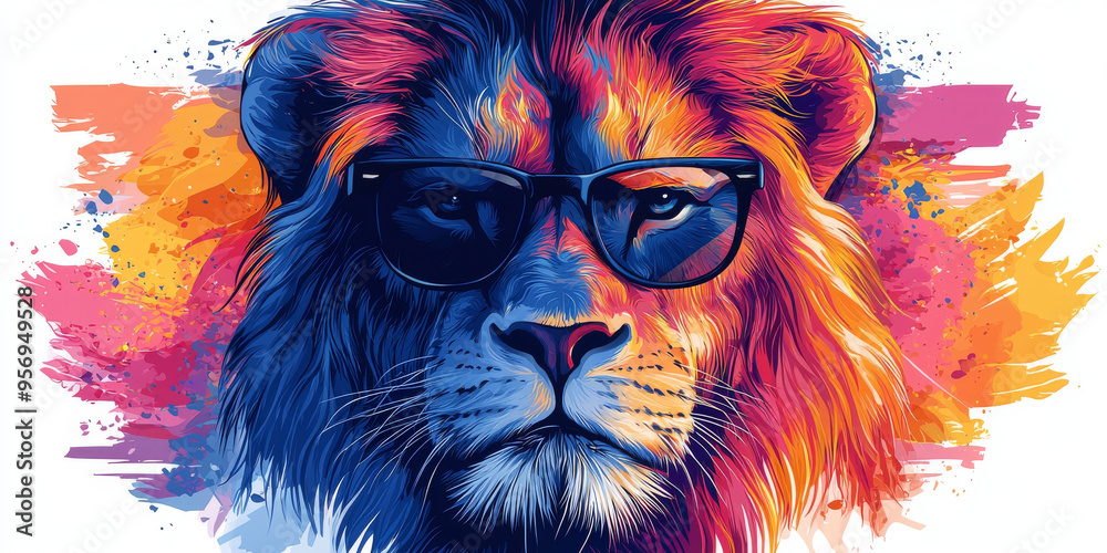 A colorful illustration of a lion wearing sunglasses. A colorful illustration of a lion wearing sunglasses.