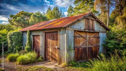 Rusty old garage with wooden doors, corrugated metal roof, and overgrown vegetation, evoking a sense of nostalgia and forgotten memories in a rural setting.