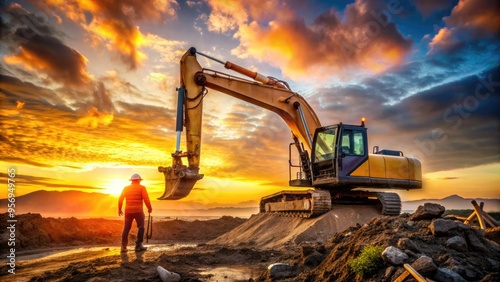 Wallpaper Mural Golden sunset casts a long shadow of a solitary digger excavating at a construction site, surrounded by heavy machinery and industrial equipment. Torontodigital.ca