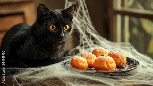 Enchanted Halloween Night: Black Cat and Soul Cakes on Cobweb Table photo