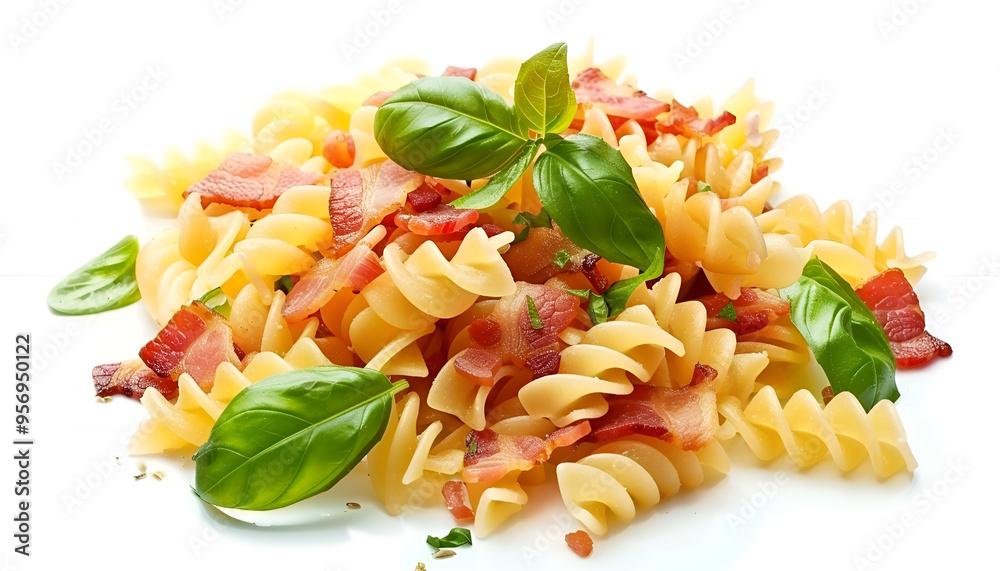 Tasty pasta with bacon and basil isolated on white Tasty pasta with bacon and basil isolated on white