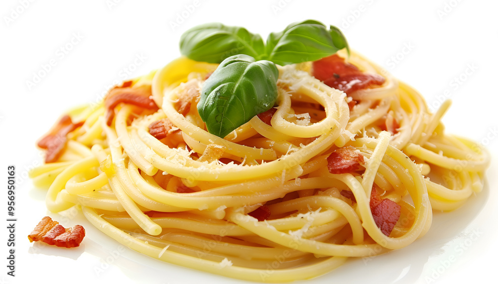 Tasty pasta with bacon and basil isolated on white Tasty pasta with bacon and basil isolated on white