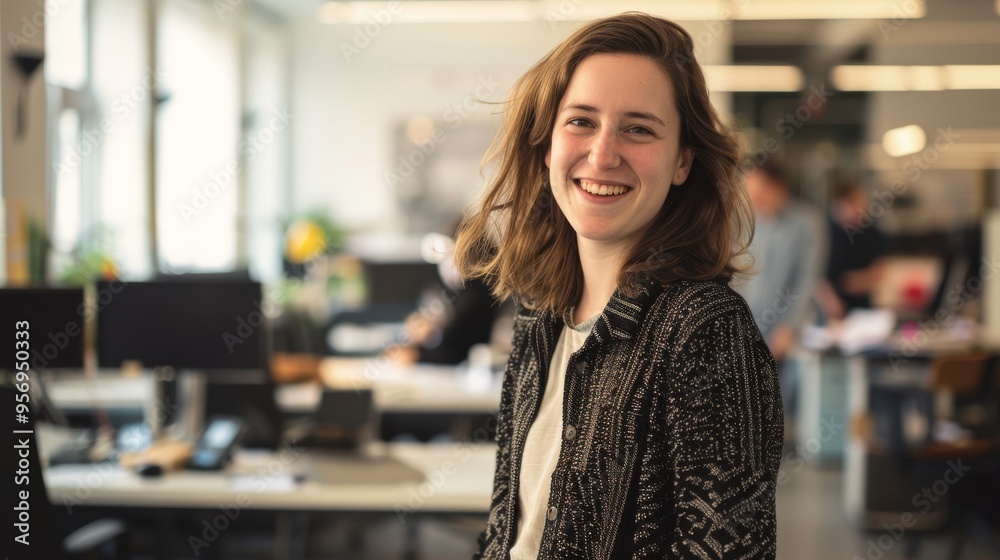 Fototapeta premium A smiling woman stands confidently in a busy office, conveying a sense of enthusiasm and engagement amid a productive work environment.