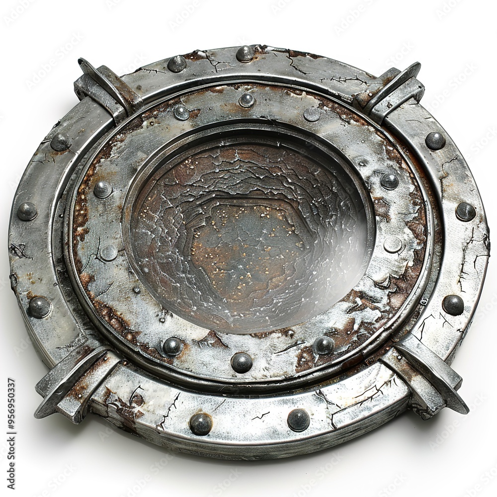 Naklejka premium Portal of Steel: A Unique Metal Plate Revealing a Mystical Void.