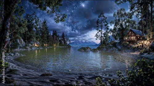 hermoso lago en la noche photo