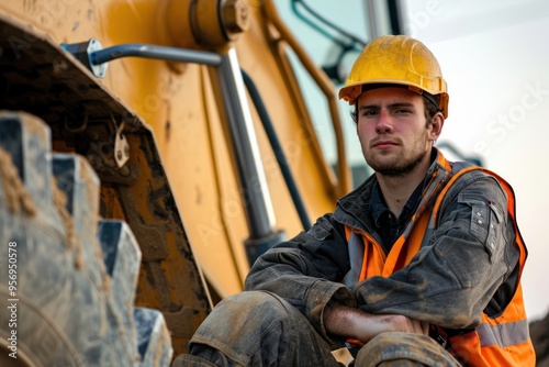 A young engineer, his hard hat tilted at an angle, leans against an excavator, his expression a mix of satisfaction and exhaustion