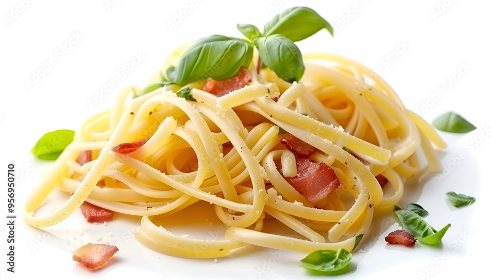 Tasty pasta with bacon and basil isolated on white Tasty pasta with bacon and basil isolated on white