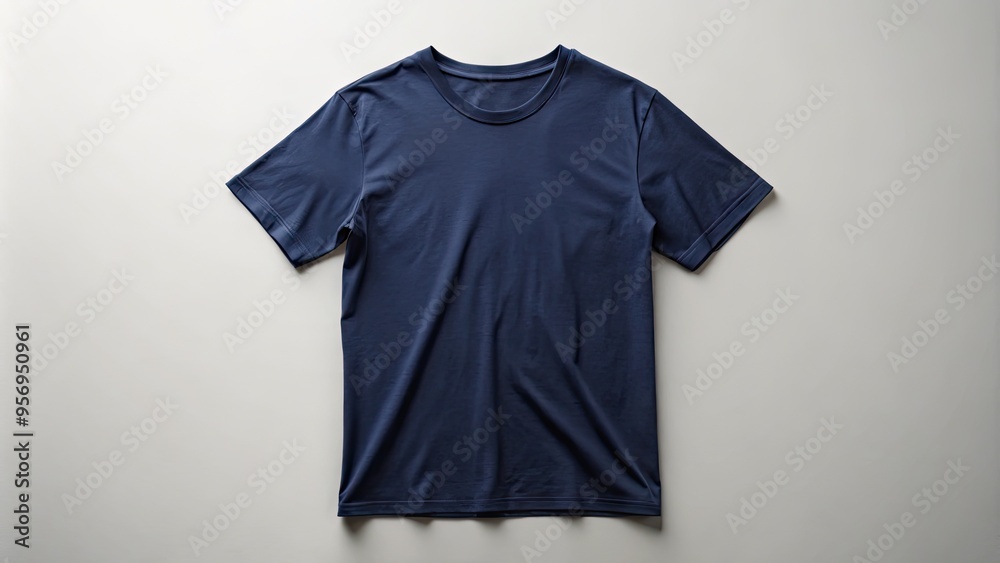 A classic navy blue short-sleeved t-shirt with a relaxed fit, laid flat on a light gray background, showcasing its simplicity and timeless appeal. A classic navy blue short-sleeved t-shirt with a relaxed fit, laid flat on a light gray background, showcasing its simplicity and timeless appeal.