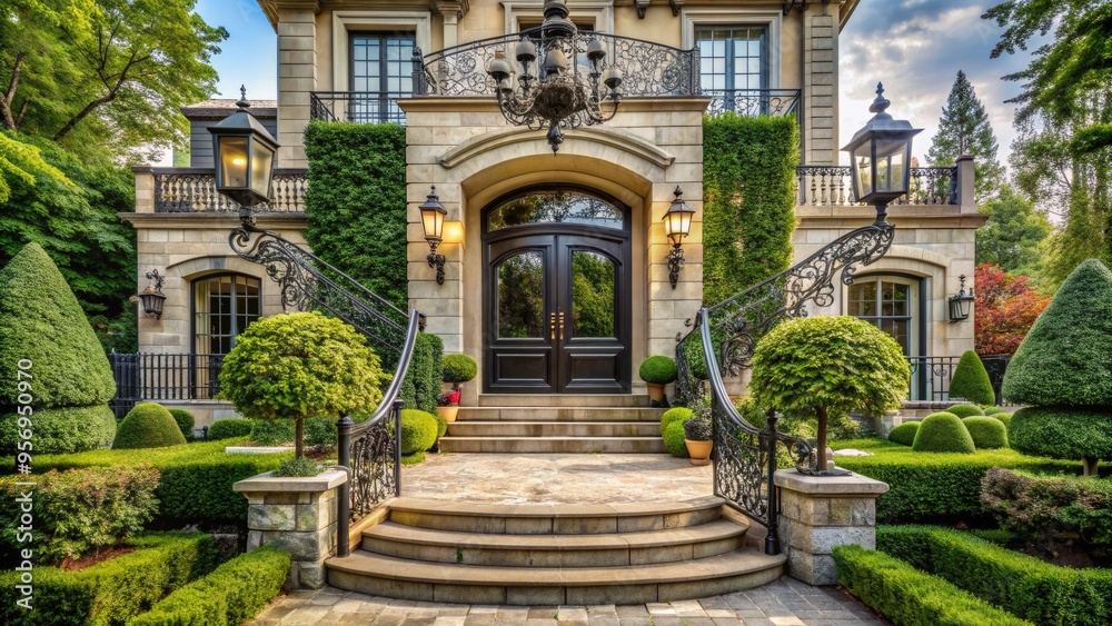 Fototapeta premium Grandiose stone mansion entrance with ornate iron doors, sweeping staircase, and crystal chandelier, set amidst lush greenery and manicured hedges in a serene estate.