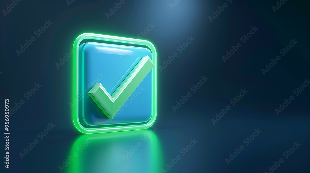 Digital green check mark icon in a glowing square on a dark reflective background, symbolizing approval, validation, or success. Digital green check mark icon in a glowing square on a dark reflective background, symbolizing approval, validation, or success.