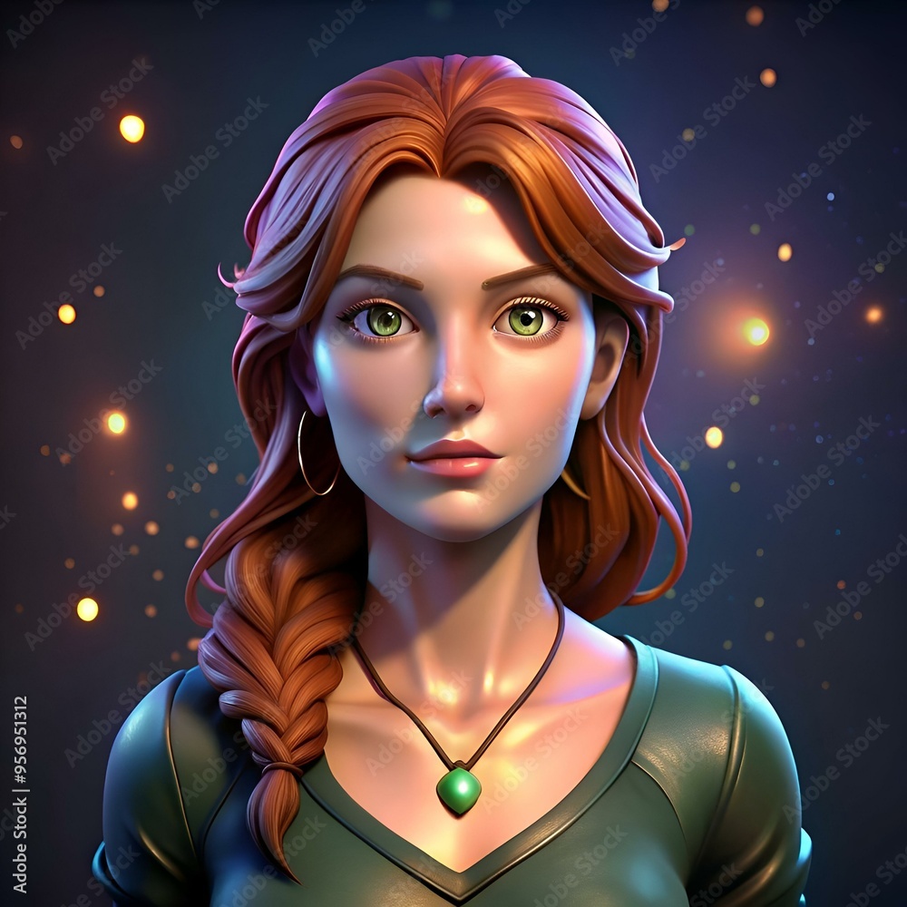 A captivating 3D illustration of a young woman with flowing red hair and piercing green eyes. A captivating 3D illustration of a young woman with flowing red hair and piercing green eyes.