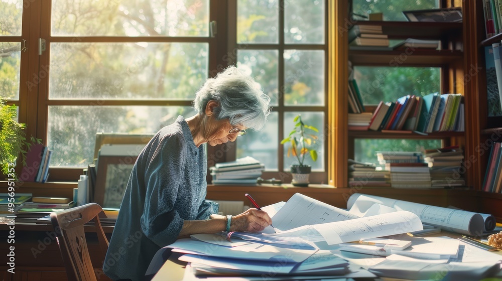 An elderly woman surrounded by books and plans diligently works on a project in a cozy, sunlit room, representing experience, wisdom, and a love for her craft. An elderly woman surrounded by books and plans diligently works on a project in a cozy, sunlit room, representing experience, wisdom, and a love for her craft.