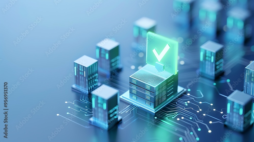 Digital illustration of a blockchain network with glowing check mark symbol, representing data security and decentralized technology. Digital illustration of a blockchain network with glowing check mark symbol, representing data security and decentralized technology.