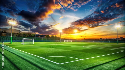 Green grass soccer field illuminated by bright stadium lights at sunset, with goalposts and white lines defining the playing area in sharp focus.