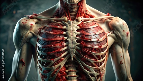 A close-up view of a human ribcage with a severe internal injury, showcasing broken bones, torn flesh, and extensive bleeding, with a clinical and haunting atmosphere. photo