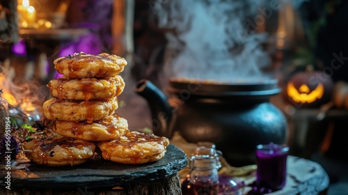 Spooky Halloween Scene with Soul Cakes, Witch's Cauldron, and Potions on Table photo