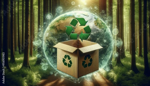 A cardboard box with a recycle symbol sits open in the center of a glowing globe in a green forest setting. It represents eco-friendly practices, sustainability, and a commitment to environmental prot photo