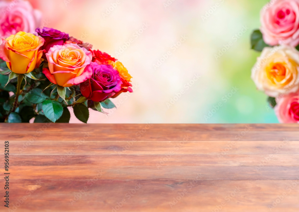 Wooden Tabletop With Colorful Roses and Blurred Background. Wooden Tabletop With Colorful Roses and Blurred Background.
