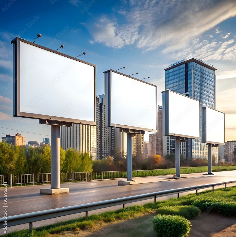 Blank billboards stand tall against a cityscape backdrop. offering prime advertising space. Blank billboards stand tall against a cityscape backdrop. offering prime advertising space.