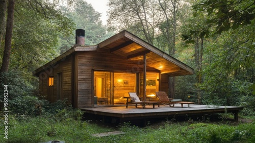 Serene wooden cabin in a quiet forest, blending modern design with rustic charm for an idyllic nature retreat.