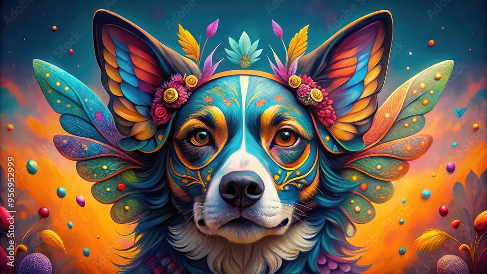 A colorful illustration of a whimsical dog wearing a vibrant butterfly-inspired mask, blending animal and design elements with playful, graphic flair. A colorful illustration of a whimsical dog wearing a vibrant butterfly-inspired mask, blending animal and design elements with playful, graphic flair.