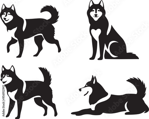 Siberian Husky Stylized Vector Silhouette Set