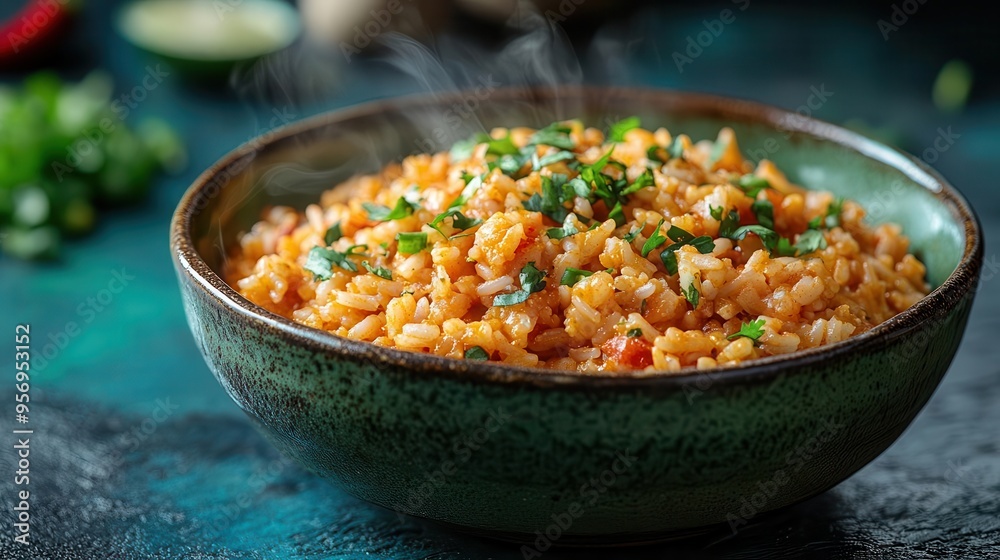 aromatic jambalaya in a rustic green bowl steam rising rich colors and textures against a vibrant turquoise background for striking contrast aromatic jambalaya in a rustic green bowl steam rising rich colors and textures against a vibrant turquoise background for striking contrast