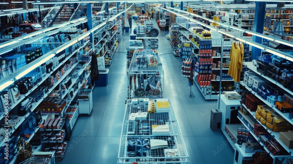 An overhead view of a well-organized hardware store with clearly defined aisles filled with various tools and supplies, capturing order and abundance. An overhead view of a well-organized hardware store with clearly defined aisles filled with various tools and supplies, capturing order and abundance.