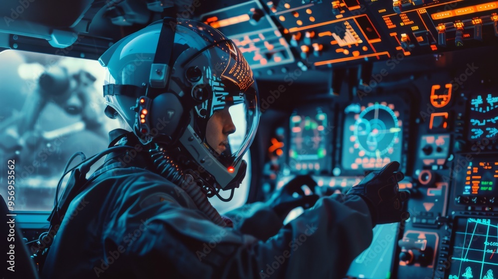 A pilot in a high-tech aircraft cockpit, surrounded by an array of illuminated controls and advanced instrumentation, fully engaged in operating the aircraft. A pilot in a high-tech aircraft cockpit, surrounded by an array of illuminated controls and advanced instrumentation, fully engaged in operating the aircraft.