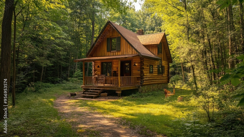 Serene wooden cabin nestled in the heart of a peaceful forest, ideal for a tranquil and rustic retreat. Serene wooden cabin nestled in the heart of a peaceful forest, ideal for a tranquil and rustic retreat.