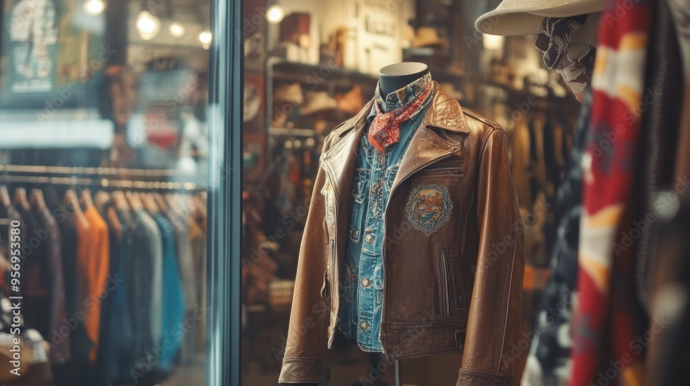 A stylish western-themed outfit on display in a boutique window, featuring a leather jacket, bolo tie, and cowboy boots. A stylish western-themed outfit on display in a boutique window, featuring a leather jacket, bolo tie, and cowboy boots.