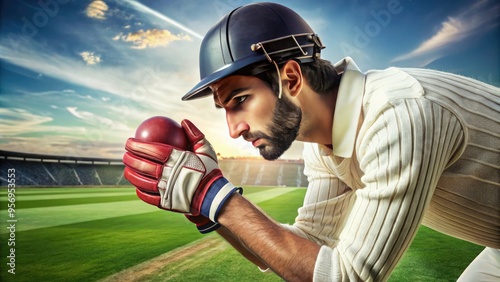 A concentrated athlete in casual attire intensely watches the cricket ball in his gloved hand, poised for action on a lush green outfield background. photo