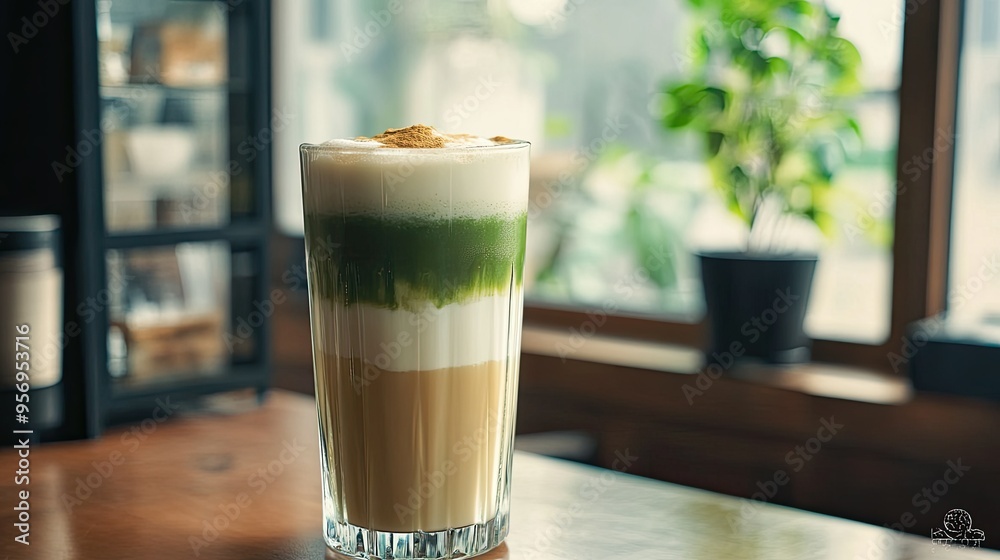 A tall glass of iced matcha with layers of milk and matcha, set against a clean, minimalistic cafe interior.