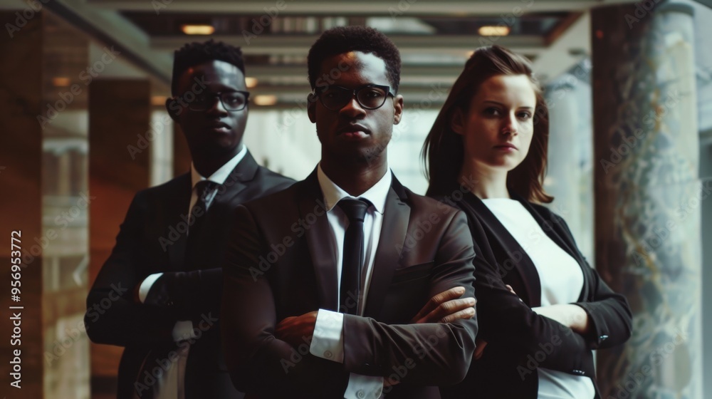 Three professionals, exuding confidence and teamwork, stand together in a modern office with a stylish and determined look. Three professionals, exuding confidence and teamwork, stand together in a modern office with a stylish and determined look.