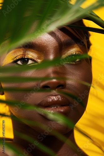 Tropical-inspired beauty and makeup featuring a woman in a studio, emphasizing luxury, sustainability, and health against a vibrant background for wellness and self-care