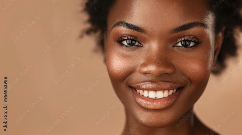Close-up of a womans face showcasing beauty and wellness, highlighting glowing skin and cosmetics, with a cheerful expression against a brown backdrop Close-up of a womans face showcasing beauty and wellness, highlighting glowing skin and cosmetics, with a cheerful expression against a brown backdrop