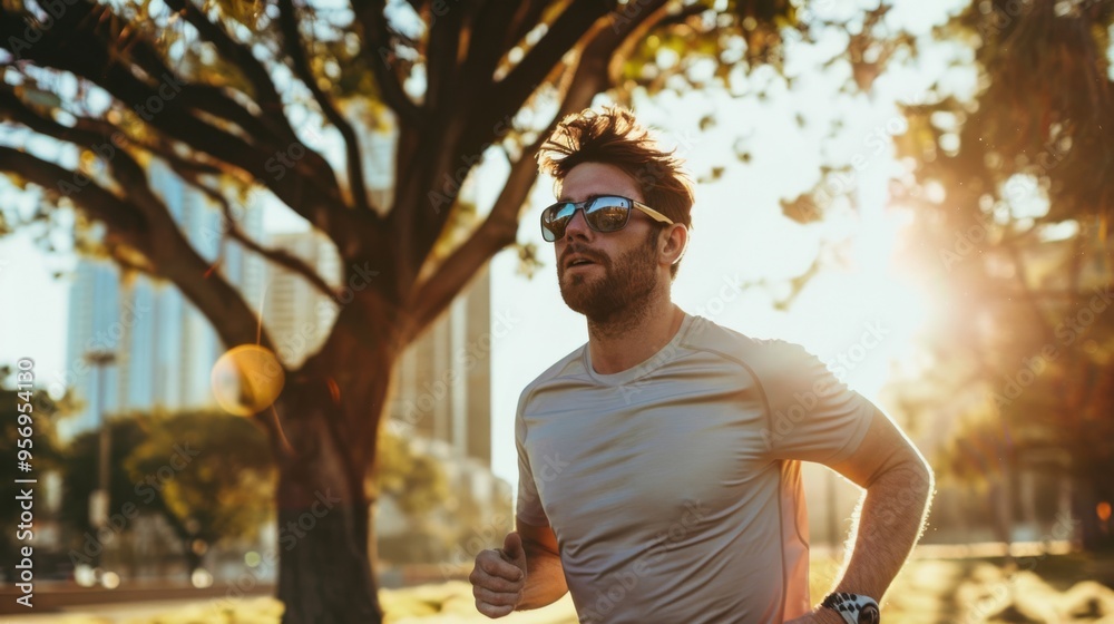 Obraz premium A man jogging through a tree-lined park during sunrise, bathed in warm light, capturing a moment of morning exercise and tranquility.