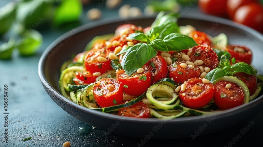 artfully arranged plate of zucchini noodles with juicy cherry tomatoes toasted pine nuts and fresh basil leaves light and airy composition artfully arranged plate of zucchini noodles with juicy cherry tomatoes toasted pine nuts and fresh basil leaves light and airy composition