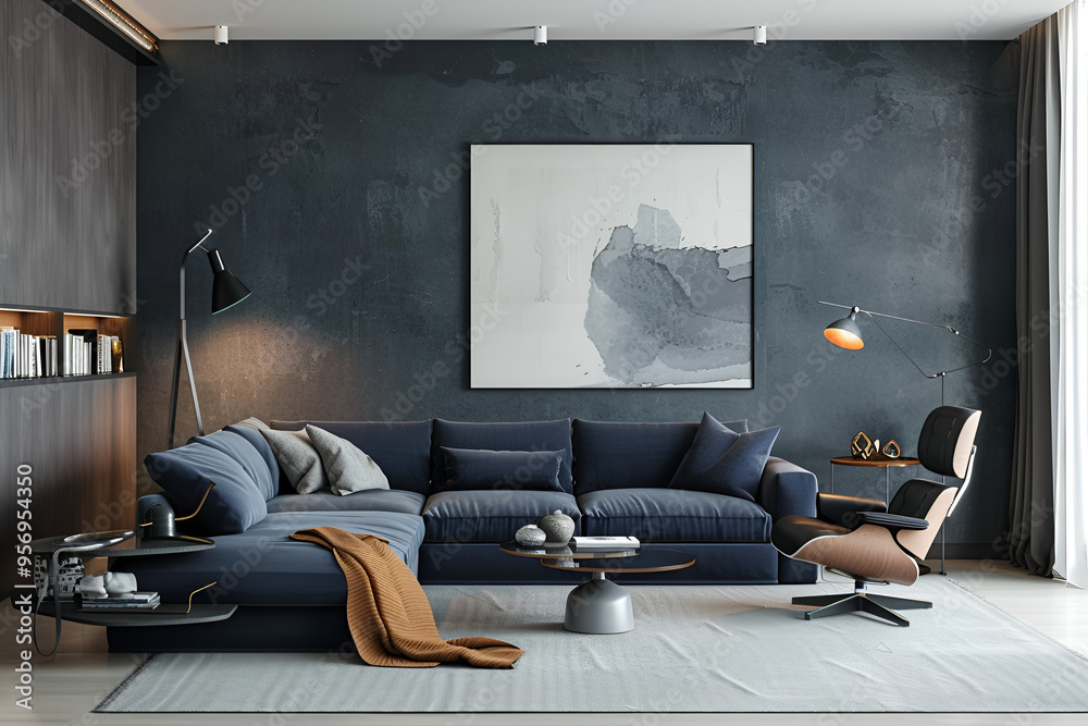 Modern Scandinavian apartment with a dark blue sofa and recliner chair, showcasing chic interior design Modern Scandinavian apartment with a dark blue sofa and recliner chair, showcasing chic interior design