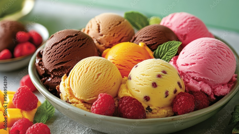 A vibrant display of ice cream scoops in a bowl, featuring flavors like mango, raspberry, pistachio, and chocolate chip, garnished with fresh fruit.