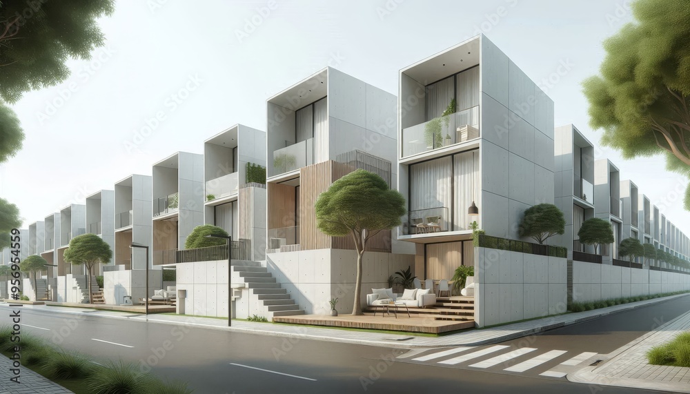 A row of sleek, modern townhouses with minimalist architecture, showcasing sustainable design principles and contemporary living. The homes feature clean lines, large windows, and a focus on natural l A row of sleek, modern townhouses with minimalist architecture, showcasing sustainable design principles and contemporary living. The homes feature clean lines, large windows, and a focus on natural l