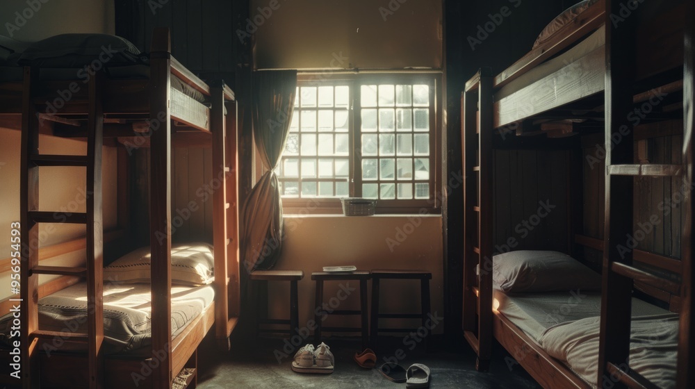 Fototapeta premium Morning light streams into an organized dormitory room with wooden bunk beds and simple furnishings creating a calm, humble living space.