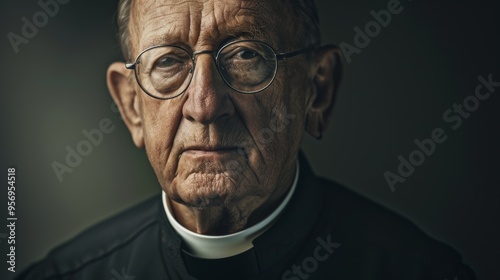 An elderly man with glasses and a solemn expression is dressed in a dark, clergy outfit, captured thoughtfully against a dim background.
