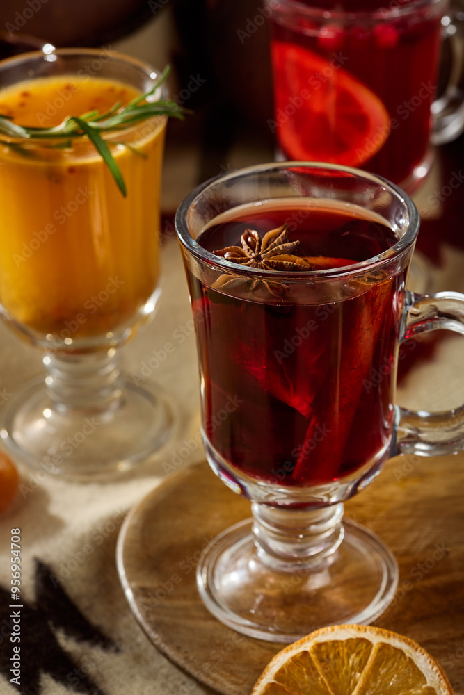 Hot Mulled Wine with Spices and Citrus Fruits - Winter Holiday Beverage Hot Mulled Wine with Spices and Citrus Fruits - Winter Holiday Beverage