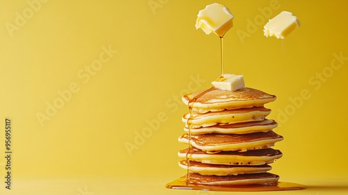 A flying stack of pancakes with syrup and butter dripping down in mid-air