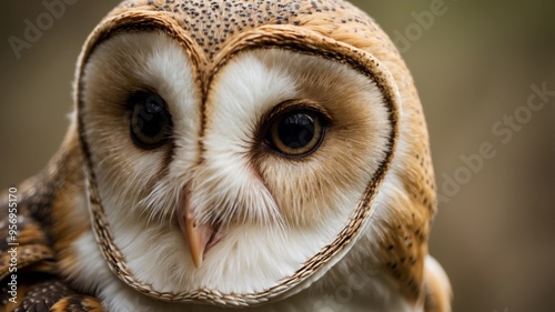 Close up of majestic barn owl with brown spots on face in natural wildlife habitat for nature and wildlife enthusiasts. photo