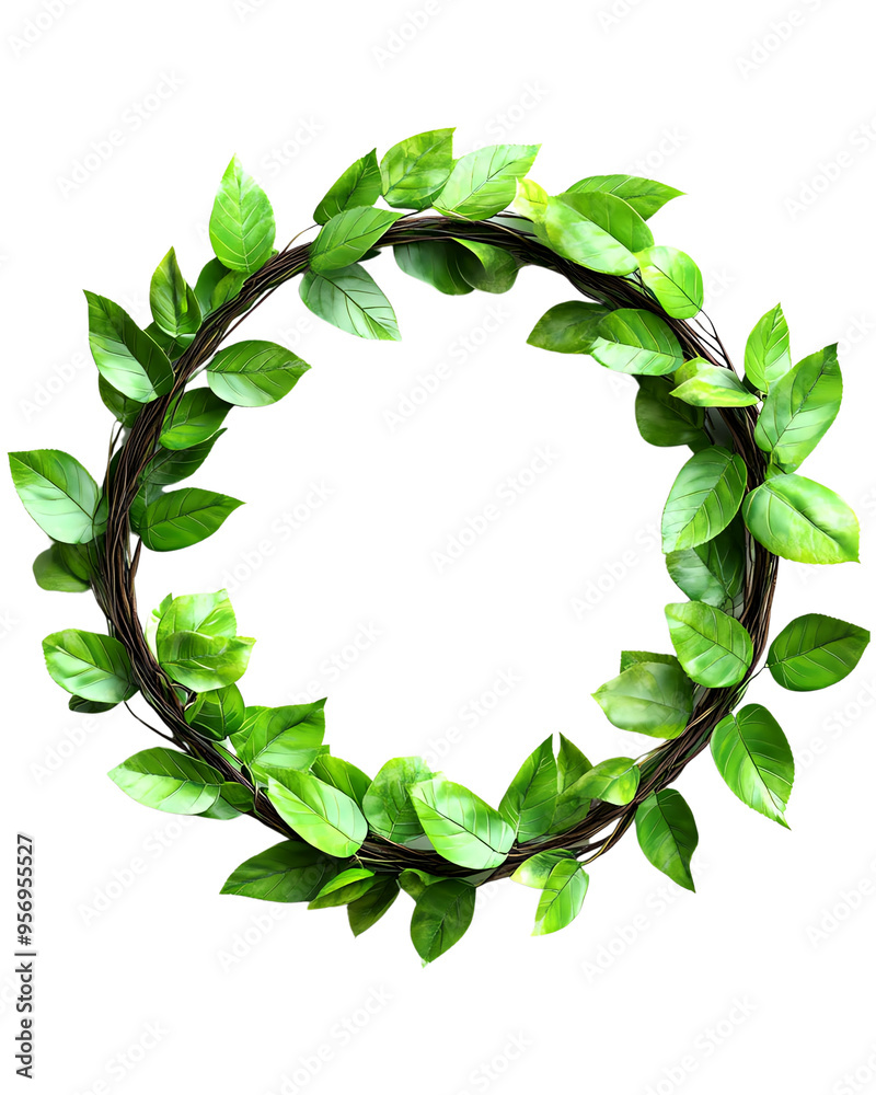 Fototapeta premium Green leaf wreath perfect for decoration, isolated on transparent background.