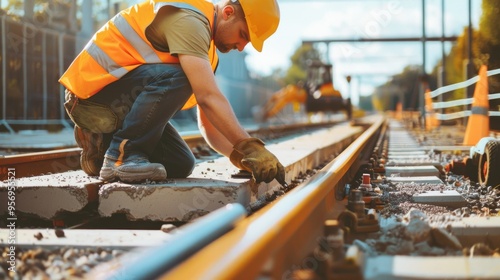 A diligent construction worker kneels to carry out precise work on railway tracks under a clear sky.
