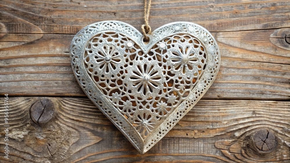 A delicate heart-shaped metal decor with intricate patterns and a distressed finish, suspended from a rope, adds a touch of rustic charm to any room. A delicate heart-shaped metal decor with intricate patterns and a distressed finish, suspended from a rope, adds a touch of rustic charm to any room.